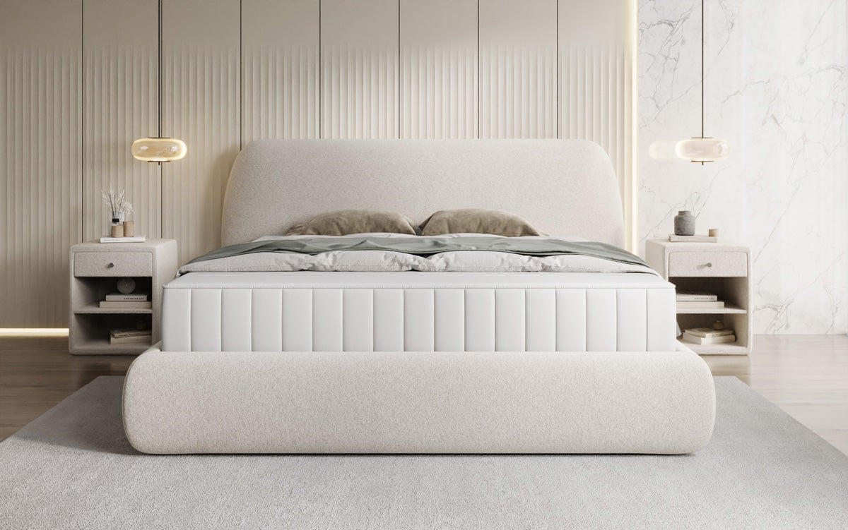 Lit capitonné design Nella en tissu structuré avec espace de rangement
