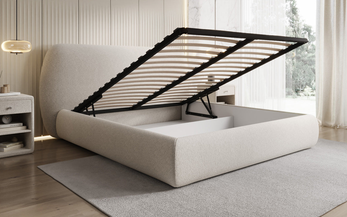Lit capitonné design Nella en tissu structuré avec espace de rangement