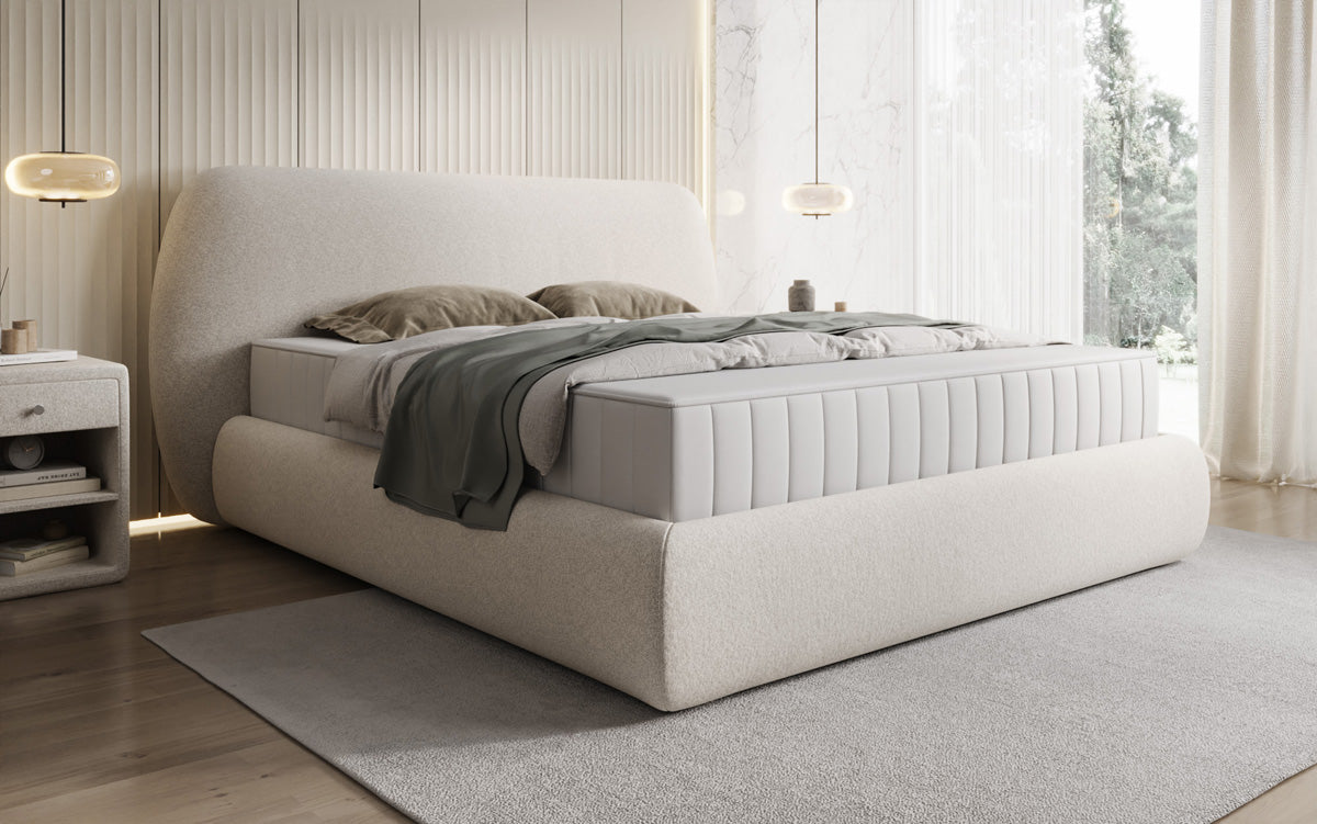 Lit capitonné design Nella en tissu structuré avec espace de rangement