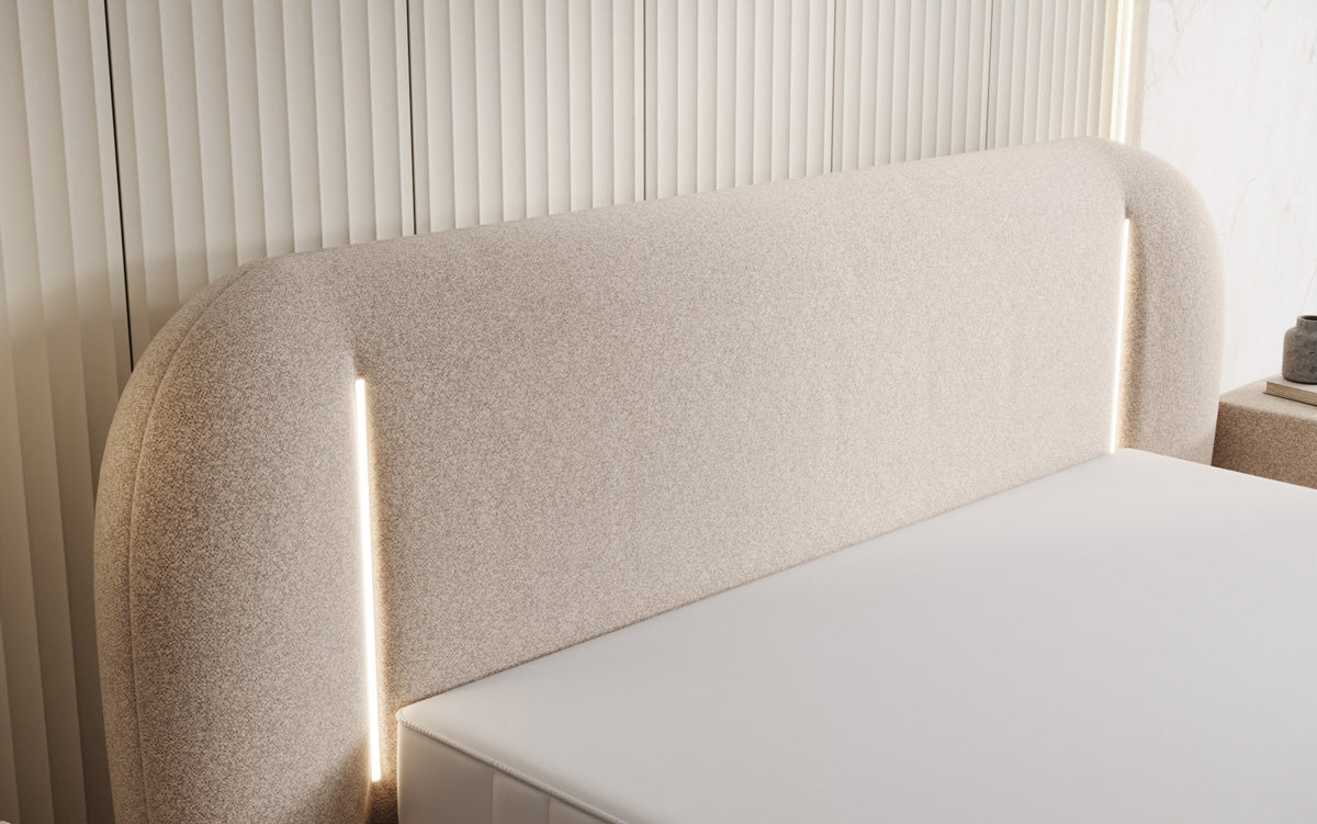 Lit rembourré design Momo en tissu structuré avec espace de rangement et LED