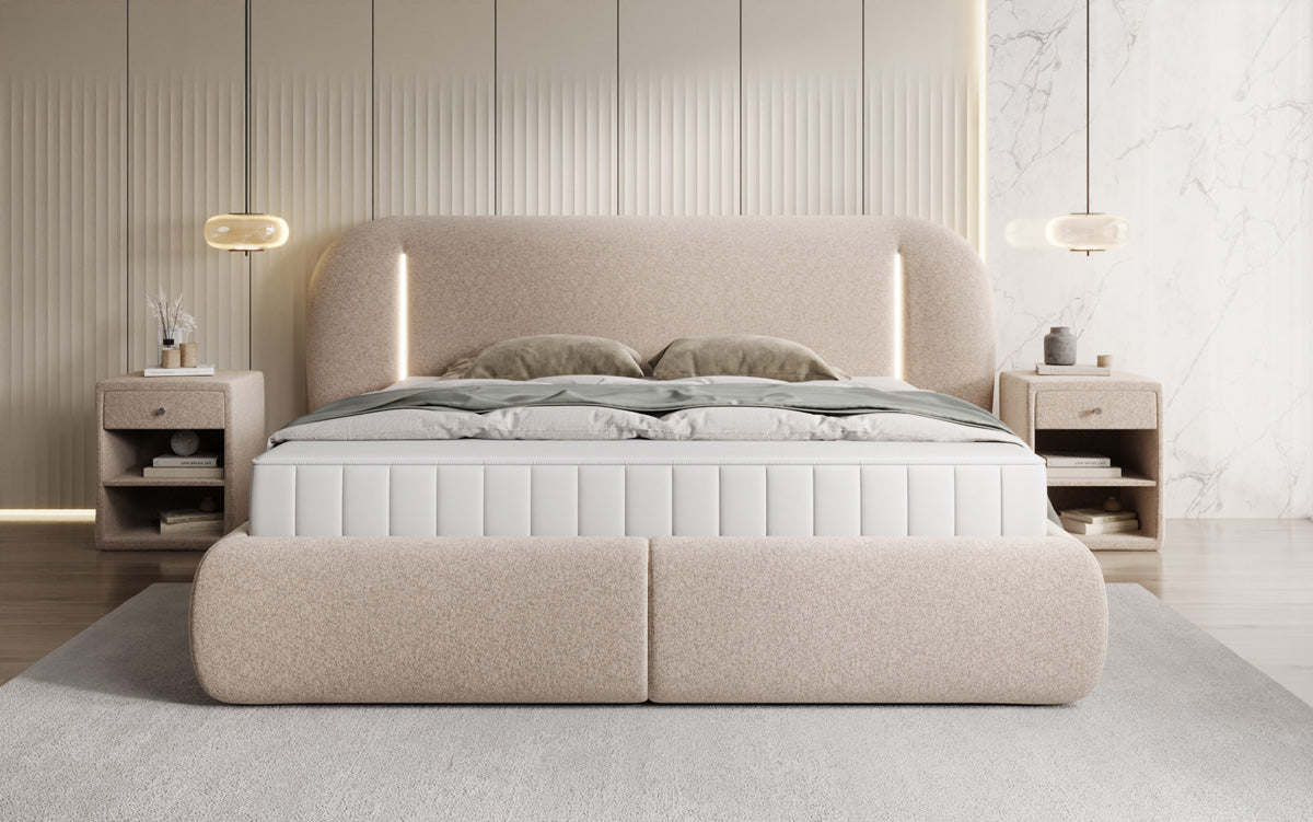 Lit rembourré design Momo en tissu structuré avec espace de rangement et LED
