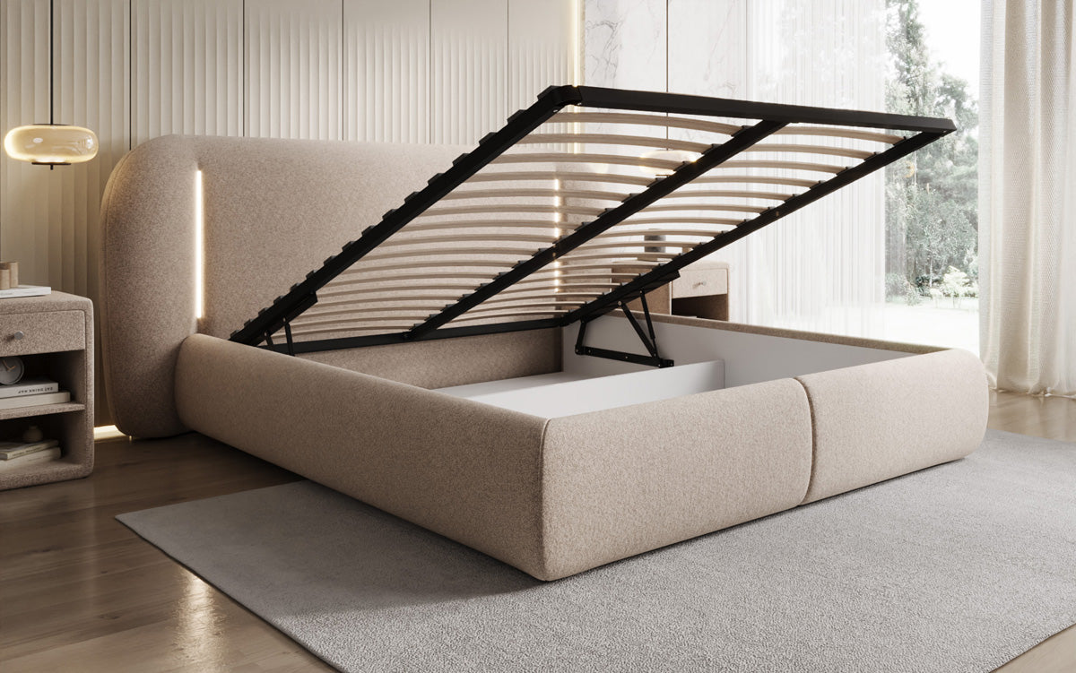 Lit rembourré design Momo en tissu structuré avec espace de rangement et LED