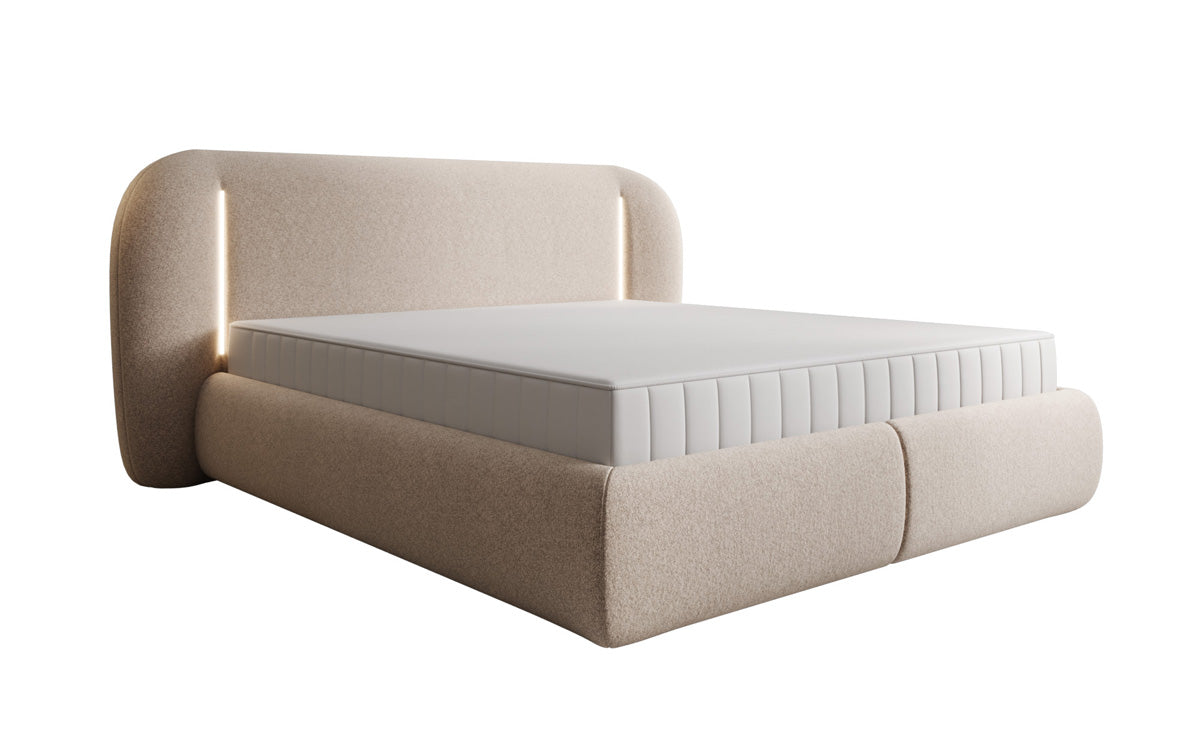 Lit rembourré design Momo en tissu structuré avec espace de rangement et LED