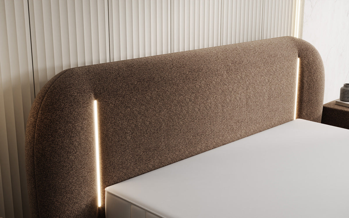 Lit rembourré design Momo en tissu structuré avec espace de rangement et LED