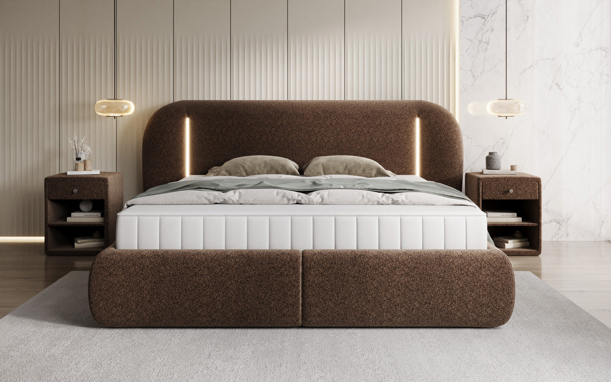 Lit rembourré design Momo en tissu structuré avec espace de rangement et LED