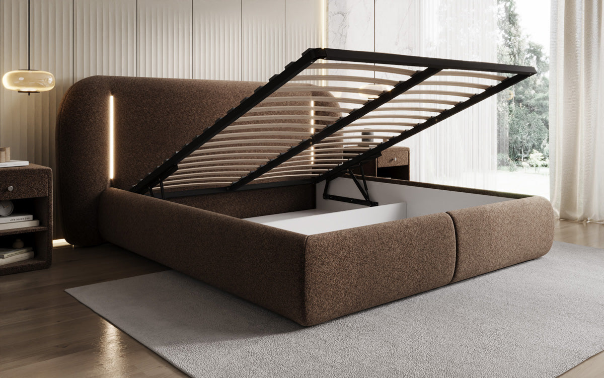Lit rembourré design Momo en tissu structuré avec espace de rangement et LED