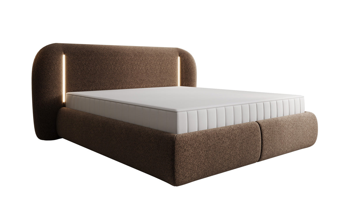 Lit rembourré design Momo en tissu structuré avec espace de rangement et LED