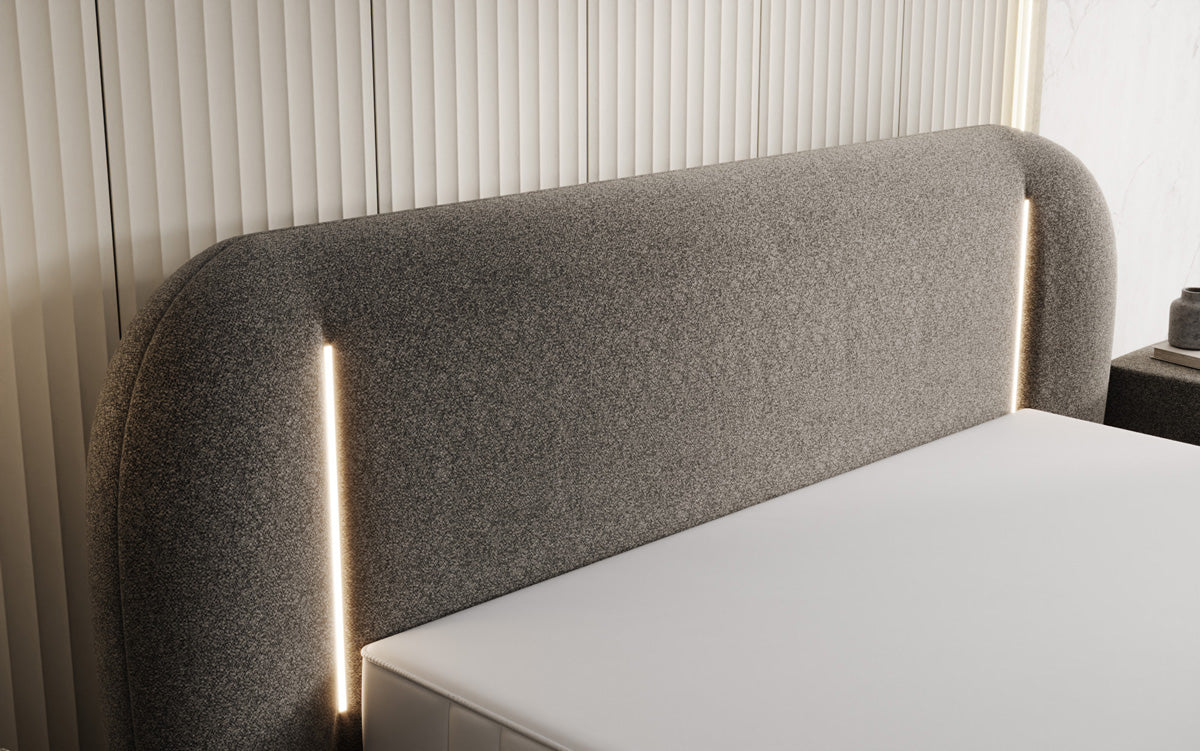 Lit rembourré design Momo en tissu structuré avec espace de rangement et LED