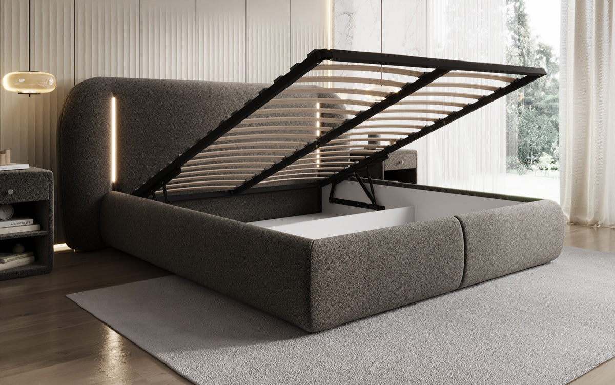 Lit rembourré design Momo en tissu structuré avec espace de rangement et LED