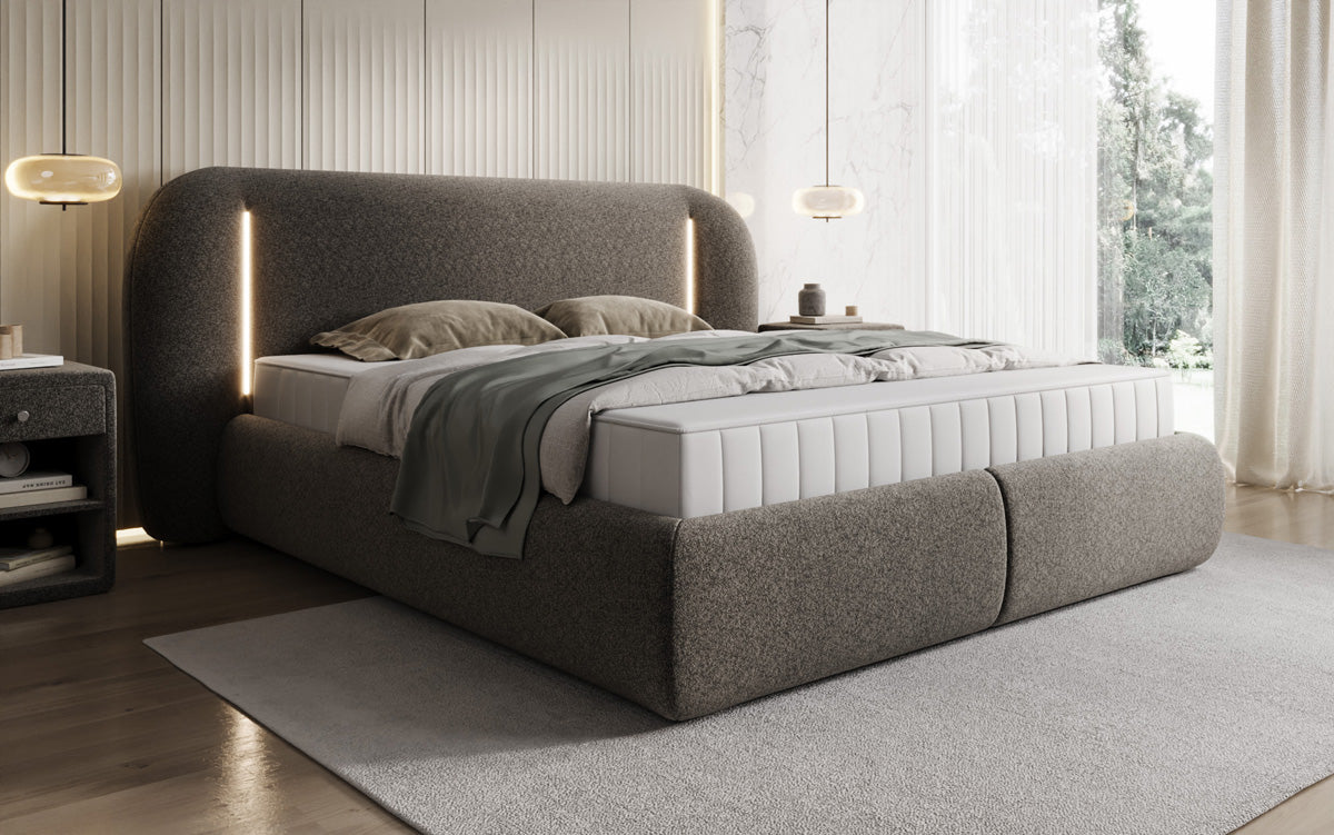 Lit rembourré design Momo en tissu structuré avec espace de rangement et LED