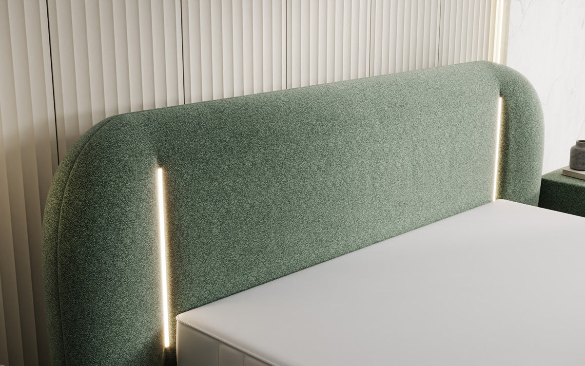 Lit rembourré design Momo en tissu structuré avec espace de rangement et LED