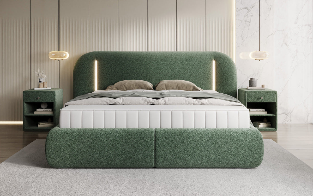 Lit rembourré design Momo en tissu structuré avec espace de rangement et LED