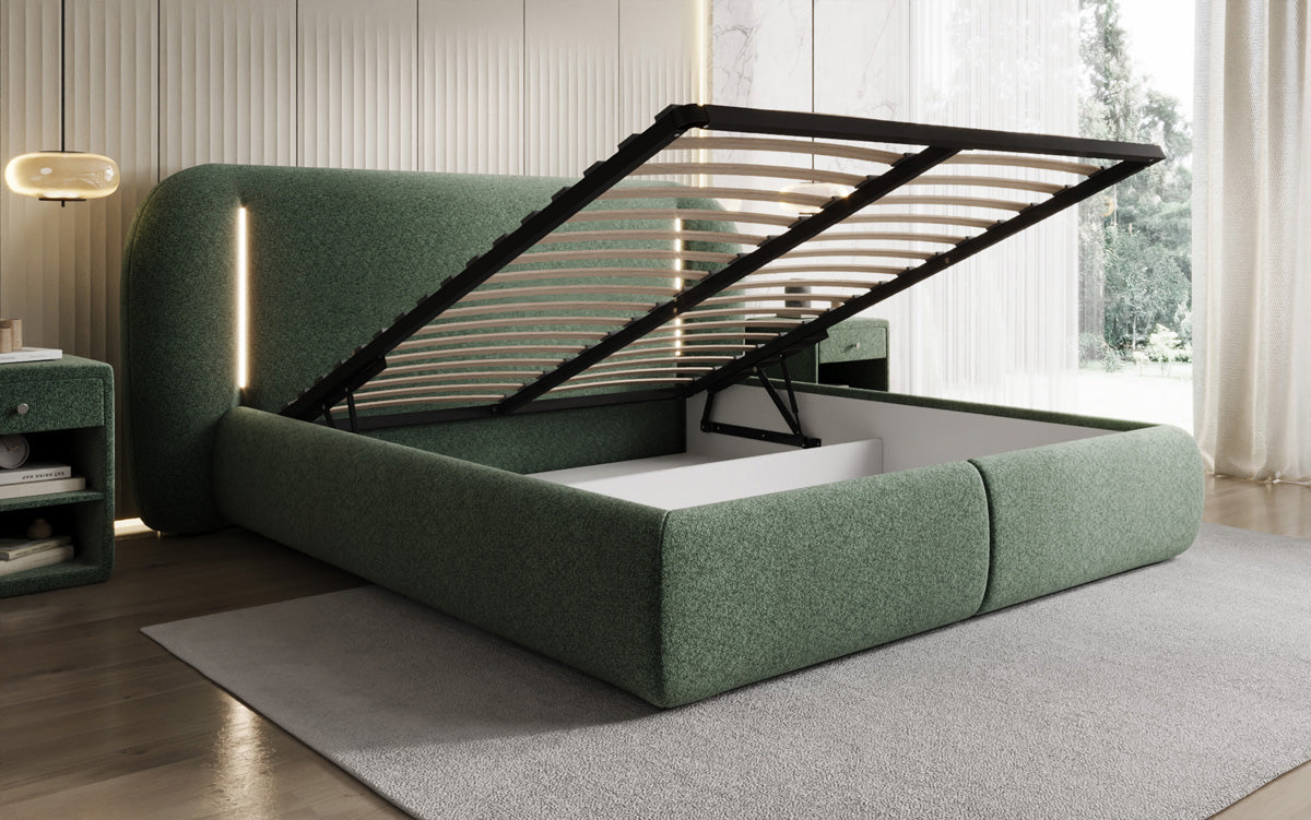 Lit rembourré design Momo en tissu structuré avec espace de rangement et LED