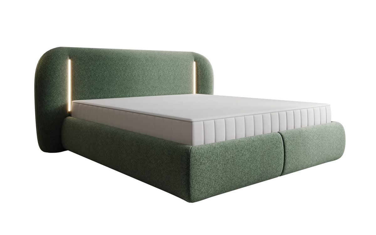 Lit rembourré design Momo en tissu structuré avec espace de rangement et LED