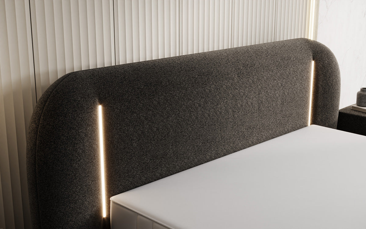 Lit rembourré design Momo en tissu structuré avec espace de rangement et LED