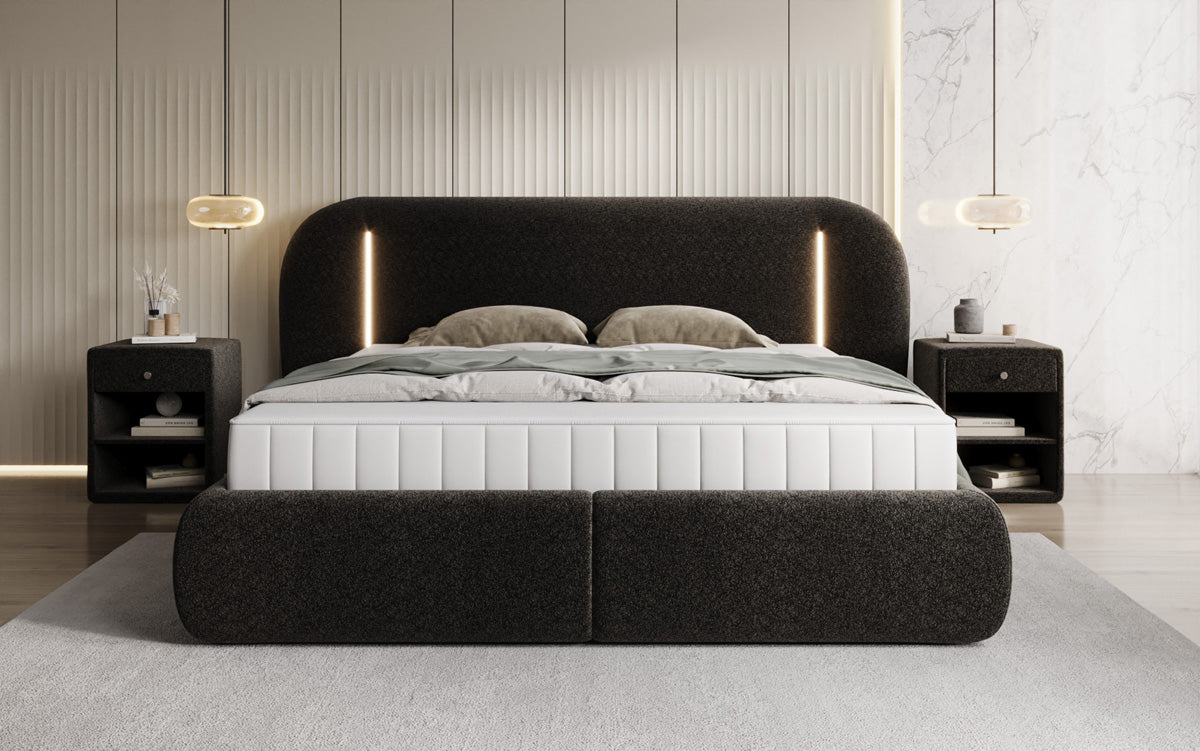 Lit rembourré design Momo en tissu structuré avec espace de rangement et LED