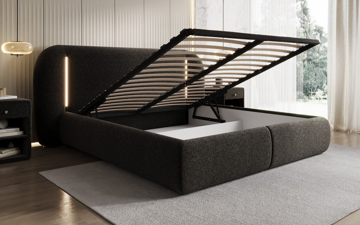 Lit rembourré design Momo en tissu structuré avec espace de rangement et LED