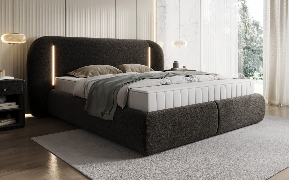 Lit rembourré design Momo en tissu structuré avec espace de rangement et LED