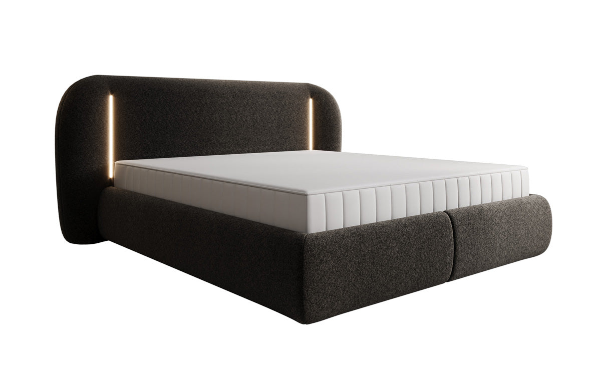 Lit rembourré design Momo en tissu structuré avec espace de rangement et LED