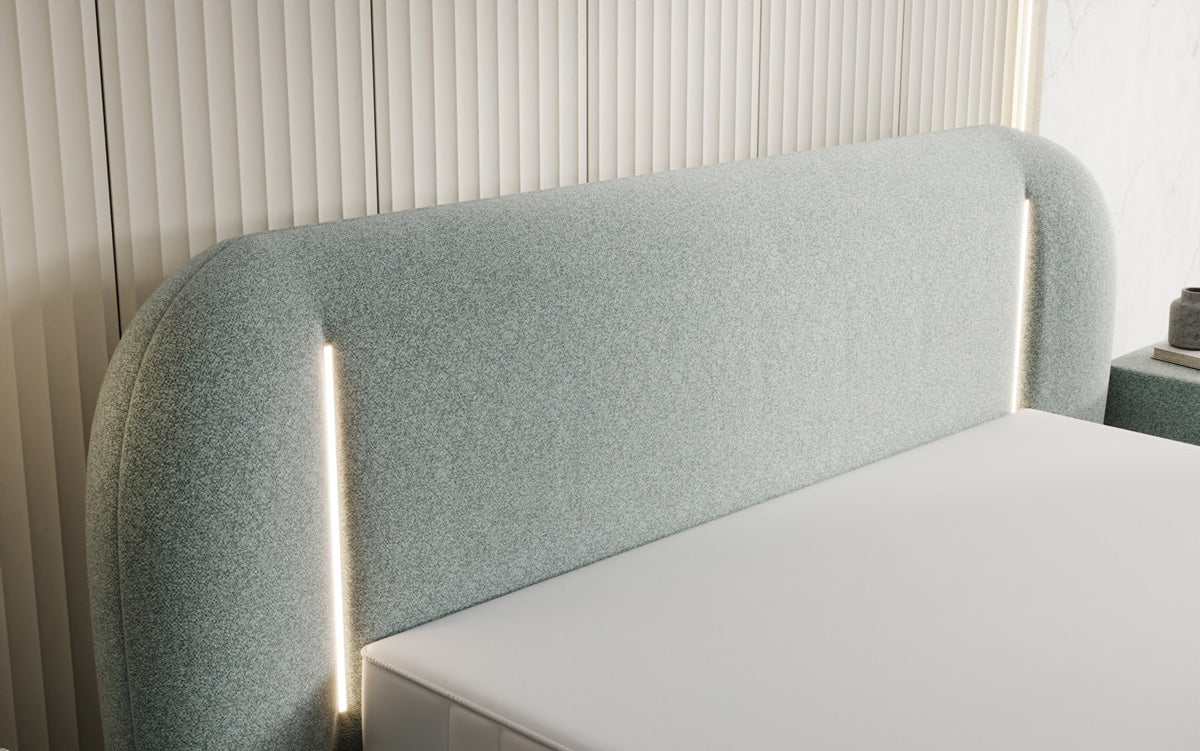 Lit rembourré design Momo en tissu structuré avec espace de rangement et LED