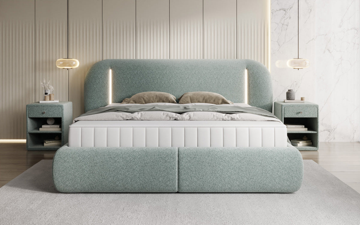 Lit rembourré design Momo en tissu structuré avec espace de rangement et LED