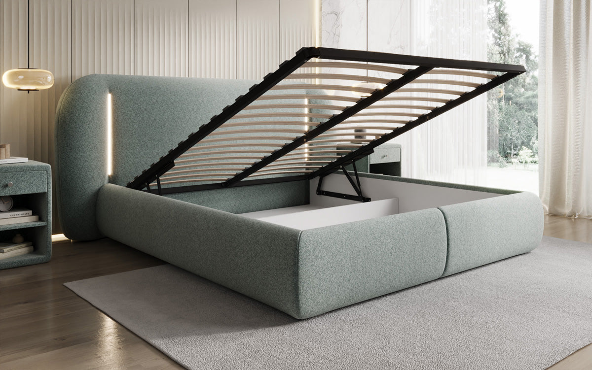 Lit rembourré design Momo en tissu structuré avec espace de rangement et LED