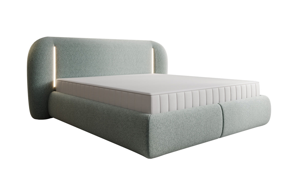 Lit rembourré design Momo en tissu structuré avec espace de rangement et LED