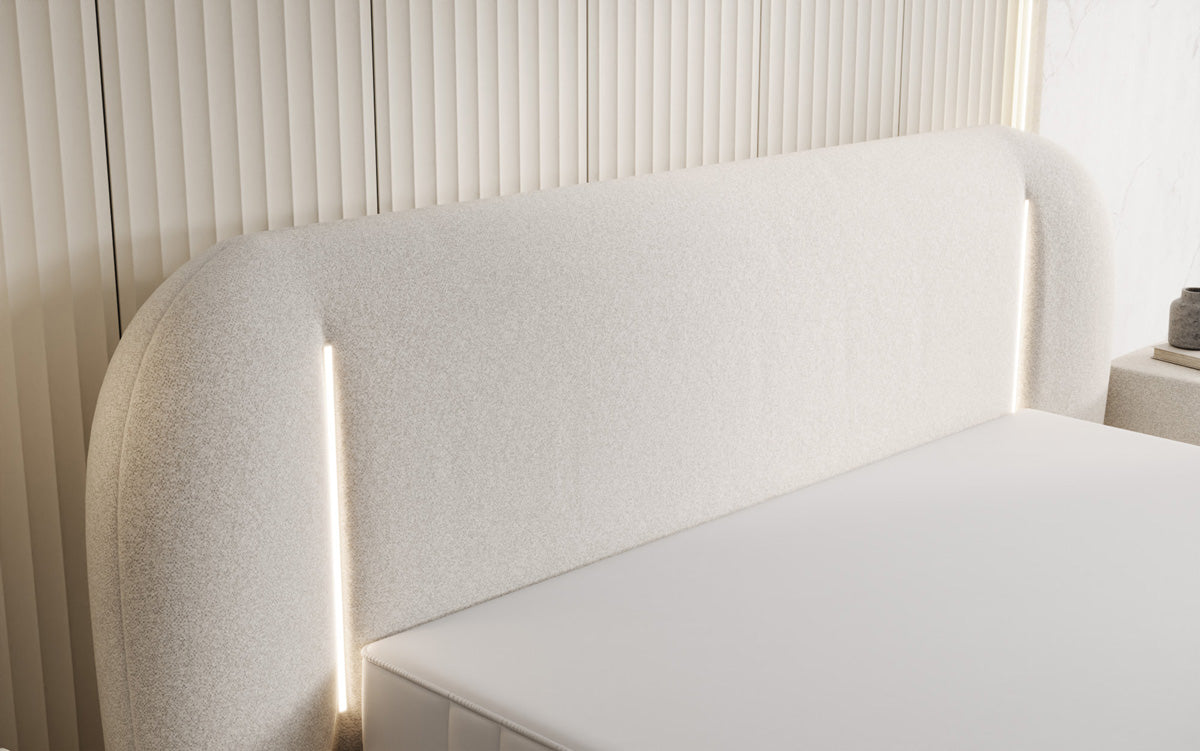Lit rembourré design Momo en tissu structuré avec espace de rangement et LED