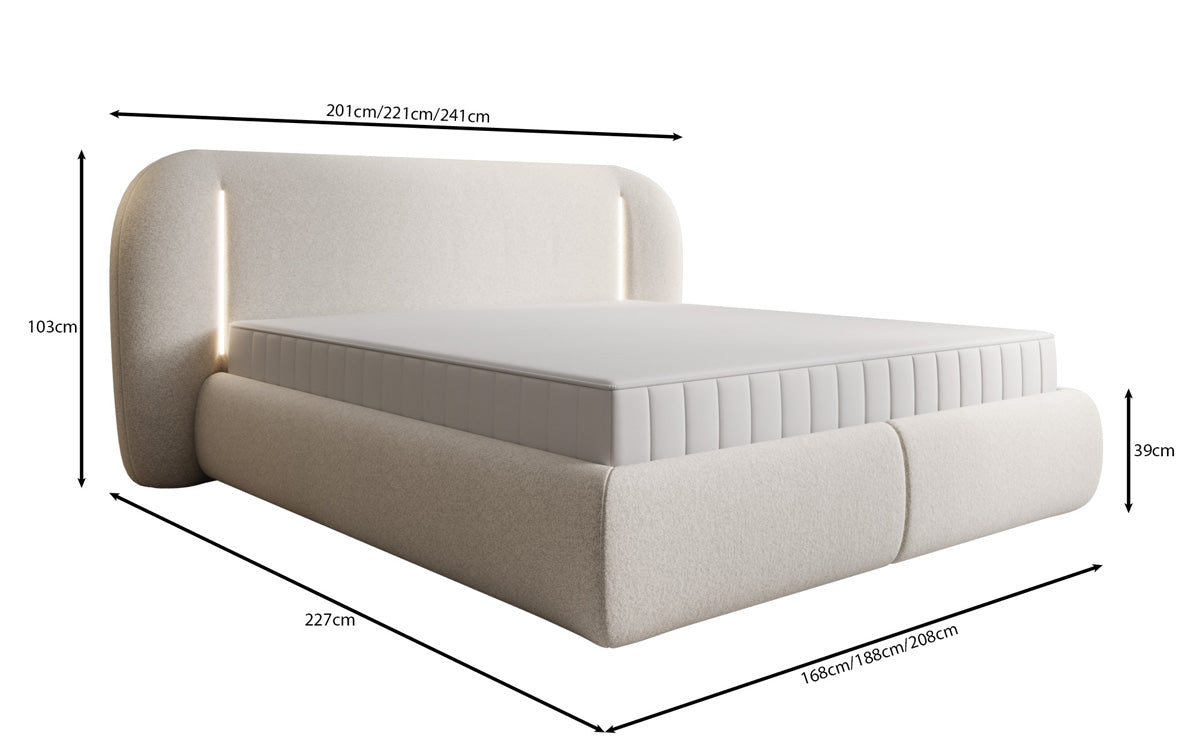 Lit rembourré design Momo en tissu structuré avec espace de rangement et LED