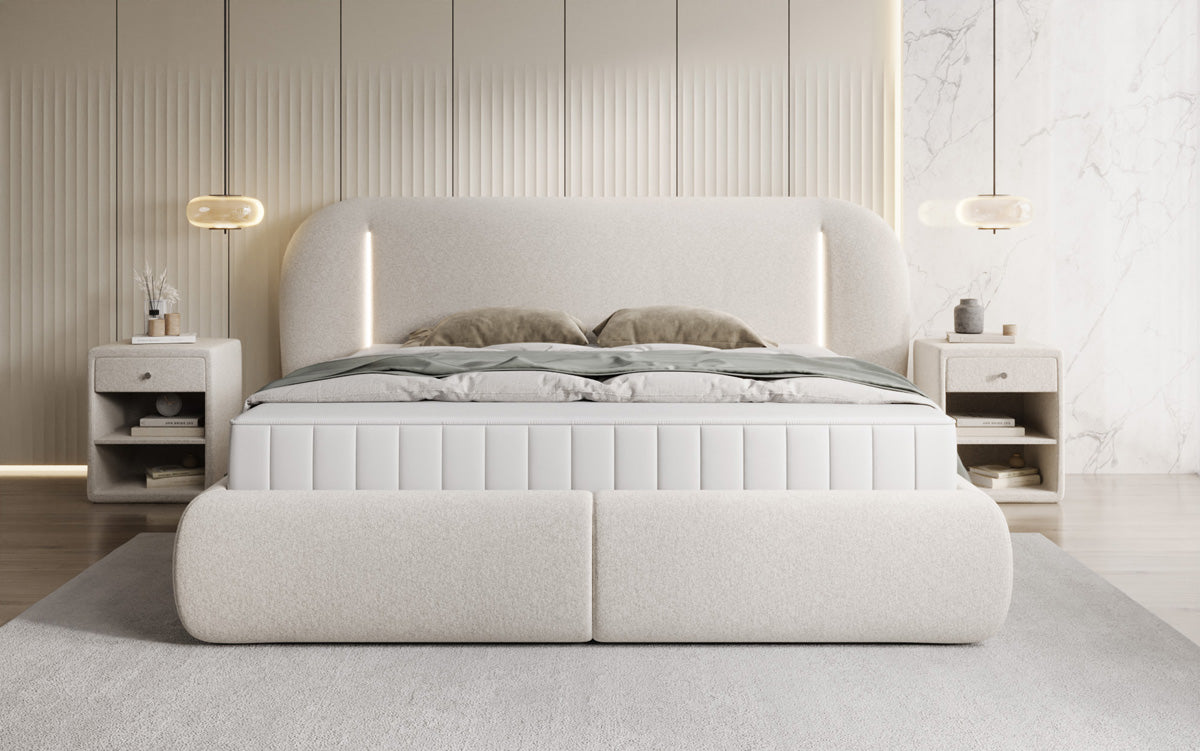 Lit rembourré design Momo en tissu structuré avec espace de rangement et LED
