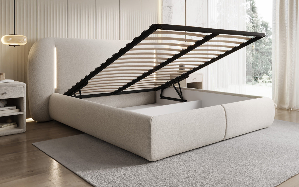 Lit rembourré design Momo en tissu structuré avec espace de rangement et LED
