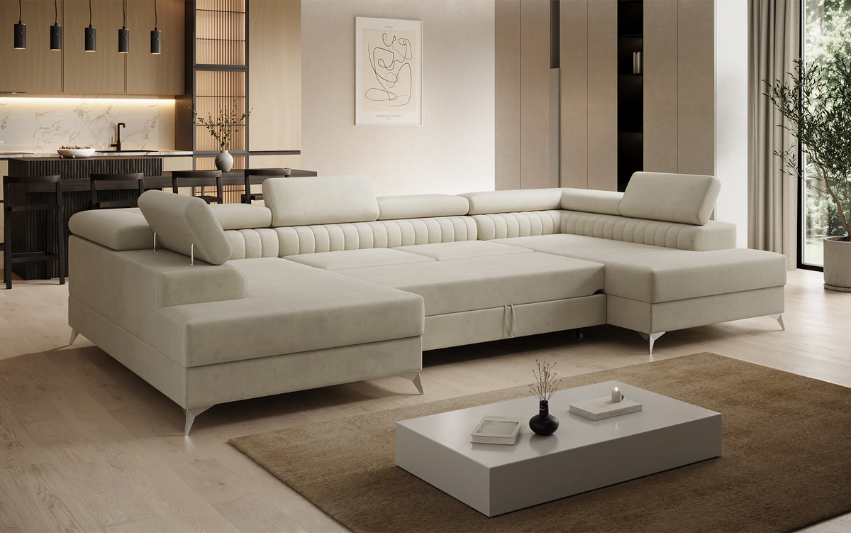 Designer Sofa Aurea U mit Schlaf- und Klappfunktion in Samt