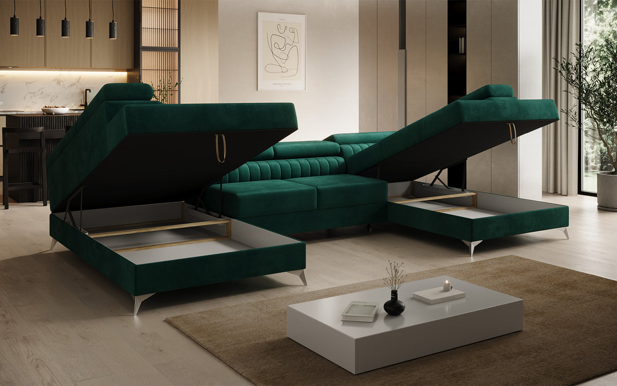 Designer Sofa Aurea U mit Schlaf- und Klappfunktion in Samt