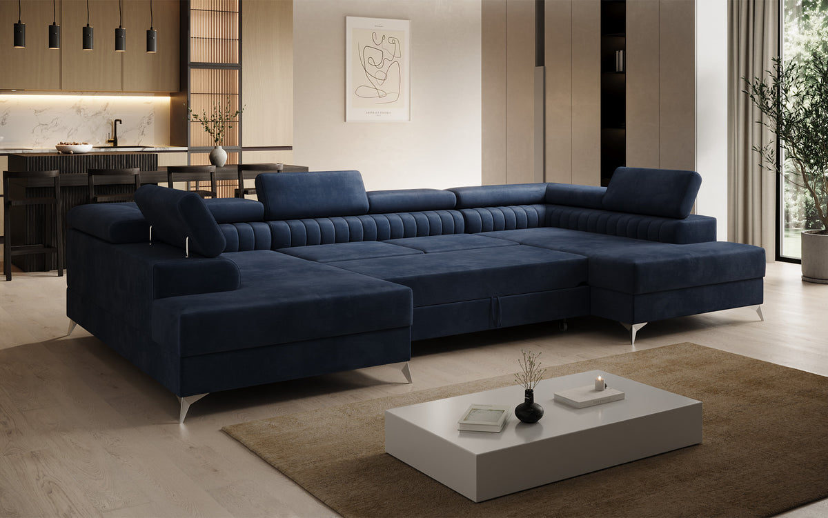 Designer Sofa Aurea U mit Schlaf- und Klappfunktion in Samt