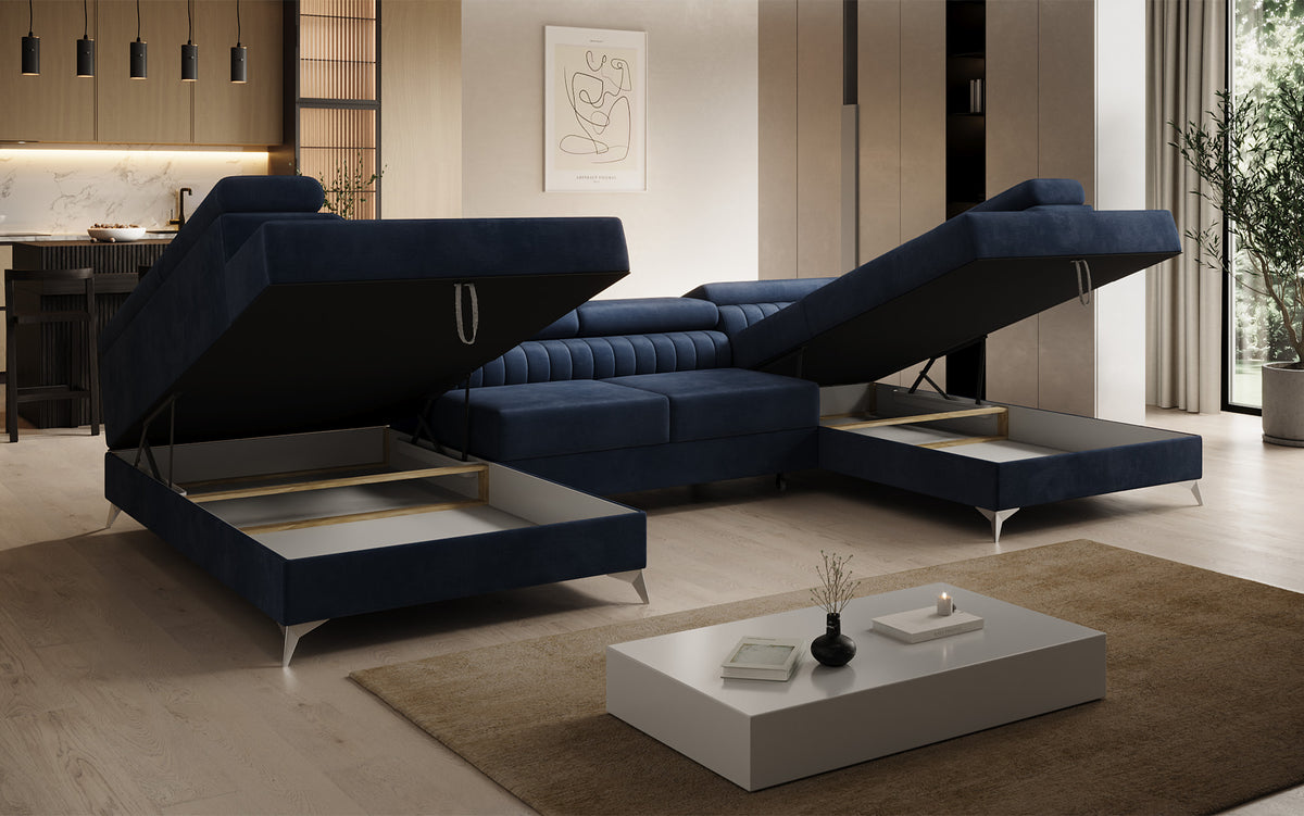 Designer Sofa Aurea U mit Schlaf- und Klappfunktion in Samt