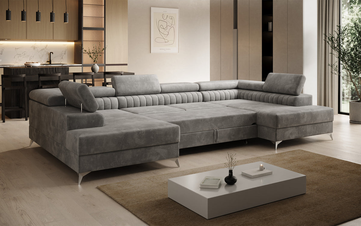 Designer Sofa Aurea U mit Schlaf- und Klappfunktion in Samt