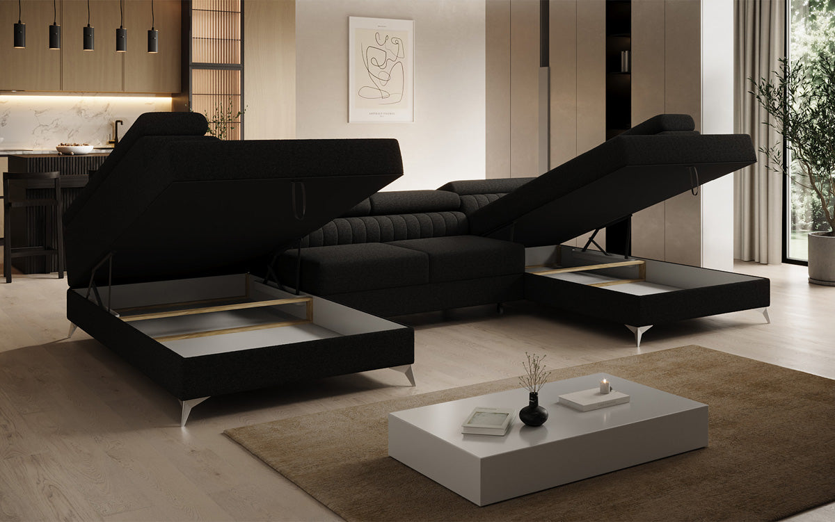 Designer Sofa Aurea U mit Schlaf- und Klappfunktion in Bouclé