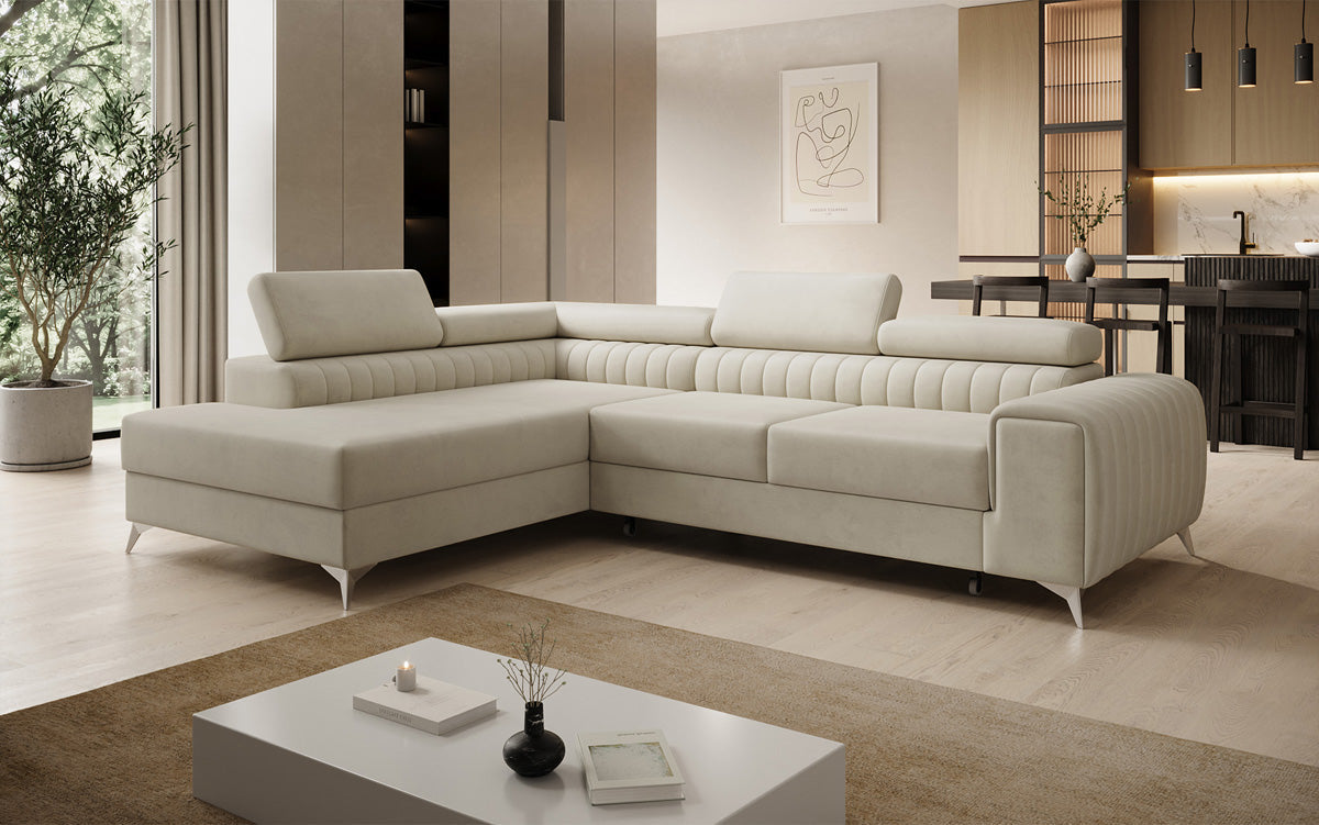 Canapé d’angle design Aurea avec fonction couchage et fonction rabattable en Velours