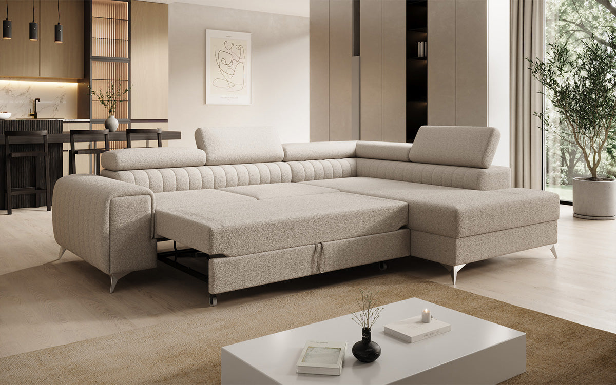 Canapé d’angle design Aurea avec fonction couchage et fonction rabattable en Bouclé