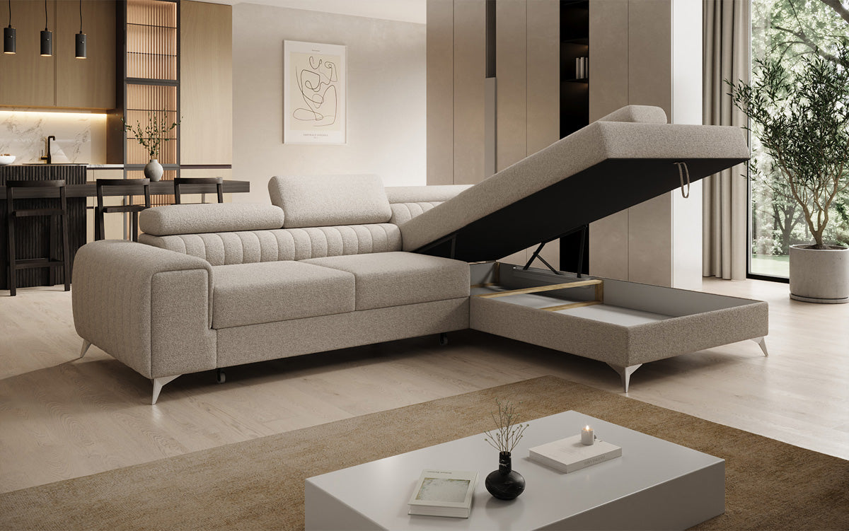 Canapé d’angle design Aurea avec fonction couchage et fonction rabattable en Bouclé