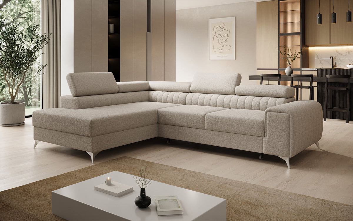 Canapé d’angle design Aurea avec fonction couchage et fonction rabattable en Bouclé