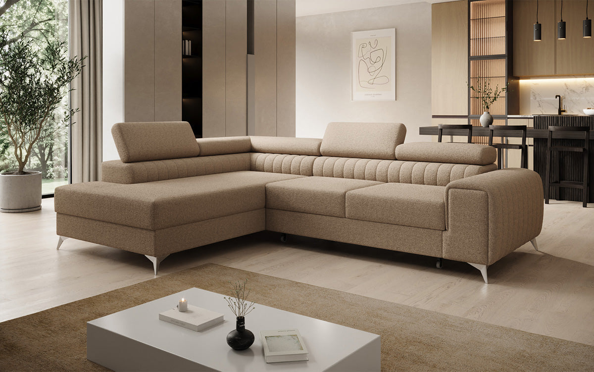 Canapé d’angle design Aurea avec fonction couchage et fonction rabattable en Bouclé