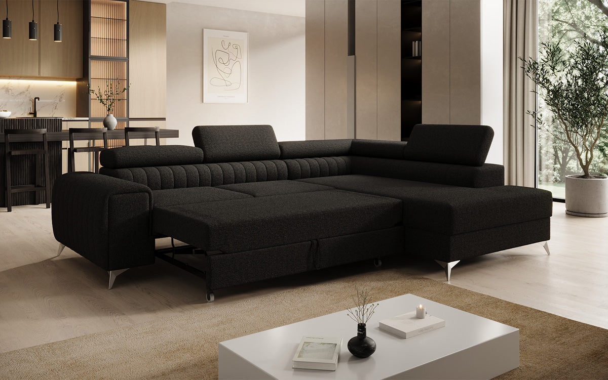Canapé d’angle design Aurea avec fonction couchage et fonction rabattable en Bouclé