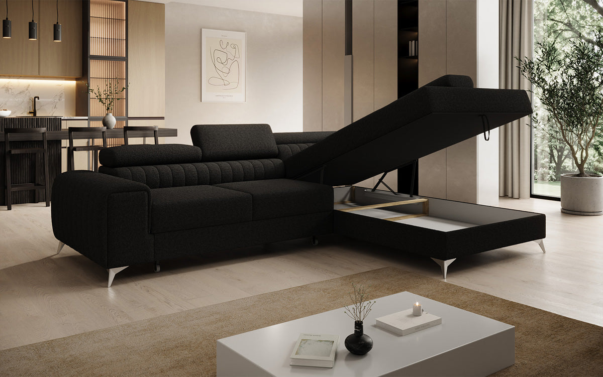 Canapé d’angle design Aurea avec fonction couchage et fonction rabattable en Bouclé