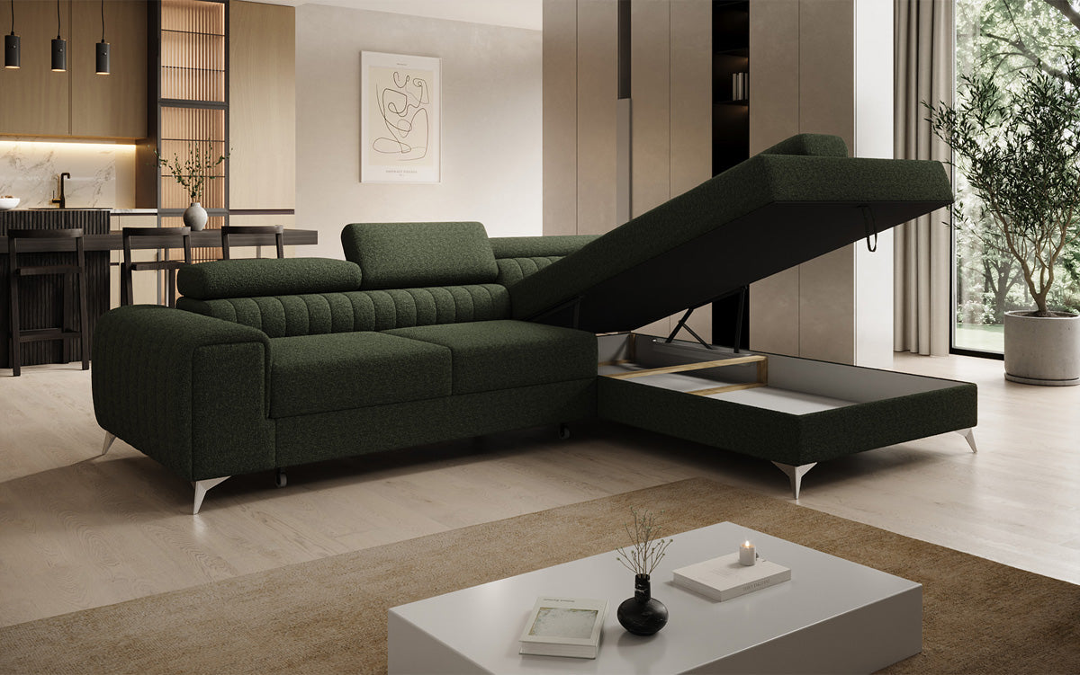 Canapé d’angle design Aurea avec fonction couchage et fonction rabattable en Bouclé