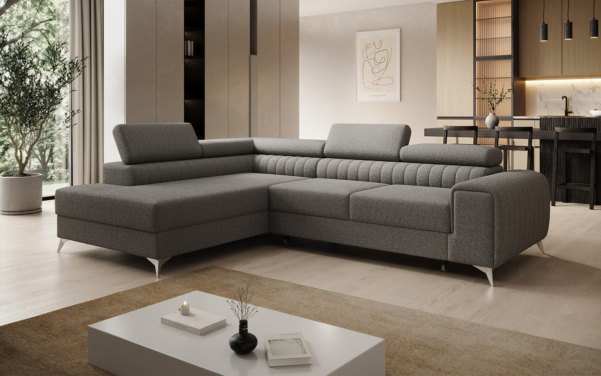 Canapé d’angle design Aurea avec fonction couchage et fonction rabattable en Bouclé