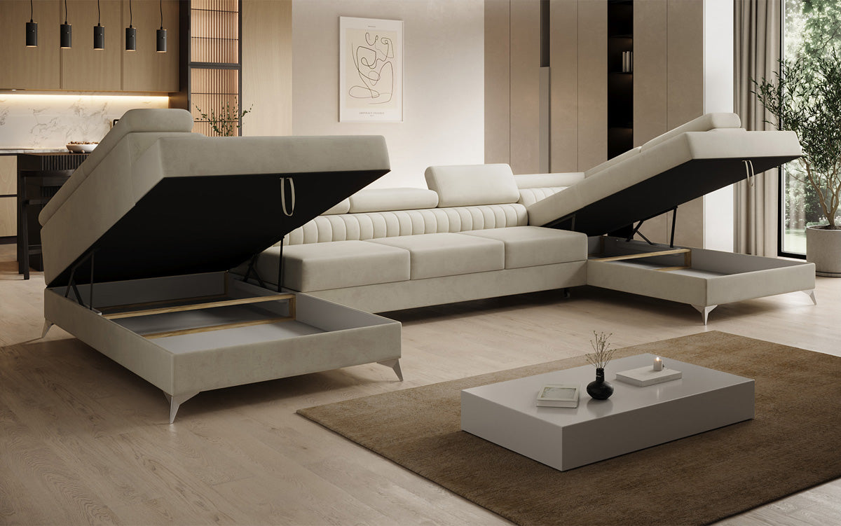 Designer Sofa Aurea U XXL mit Schlaf- und Klappfunktion in Samt
