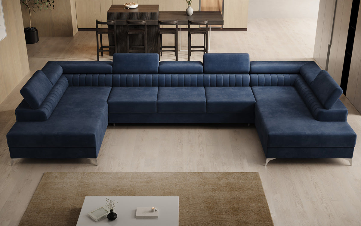 Designer Sofa Aurea U XXL mit Schlaf- und Klappfunktion in Samt