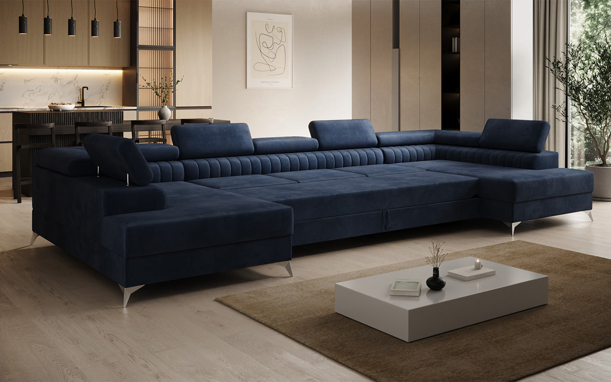Designer Sofa Aurea U XXL mit Schlaf- und Klappfunktion in Samt