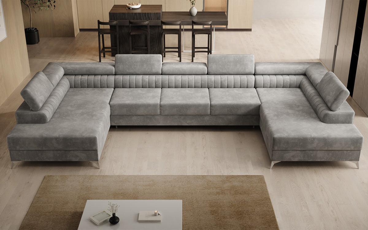 Designer Sofa Aurea U XXL mit Schlaf- und Klappfunktion in Samt